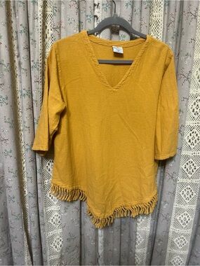 Sea Breeze California Mustard Yellow Fringe Hem Cotton Boho Tunic Top M